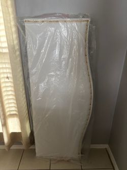 Flash Furniture Lexington Upholstered Queen Size Headboard with Accent Nail Trim in White Fabric