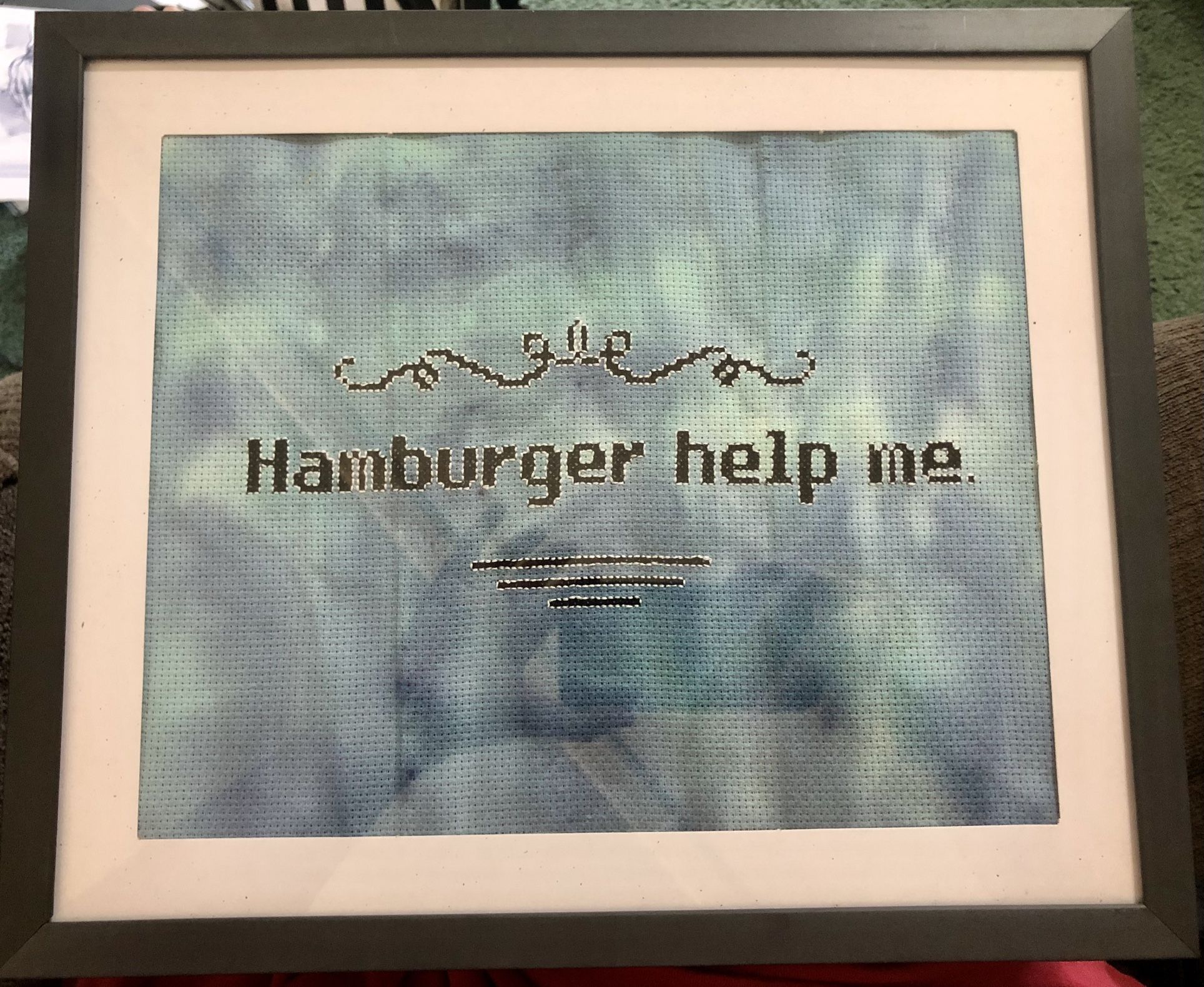 HANDMADE/FRAMED HAMBURGER HELP ME CROSS STITCH NEW!
