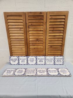 Portuguese Blue White Ceramic Tiles Azulejos Set 12 Mounted Wood Wall Blessing