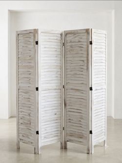 Rustic Whitewashed 4-Panel Louvered Room Divider
