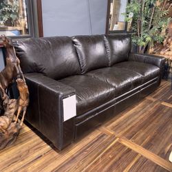 Floor Model Sale!! Brown Pull Up Wax Leather Plush Sofa - Normandy 
