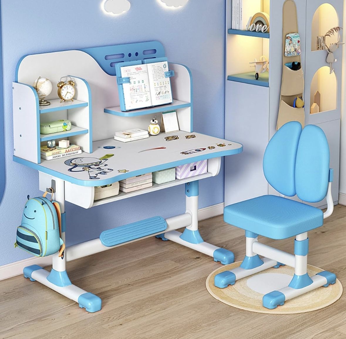 Premium Kids Study Desk Chair Set,Height Adjustable Children's Desk and Chair School Study Table Chair with Astronaut Patt