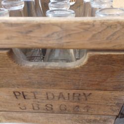 Vintage Wooden Milk Crate with 12 Glass Milk Bottles