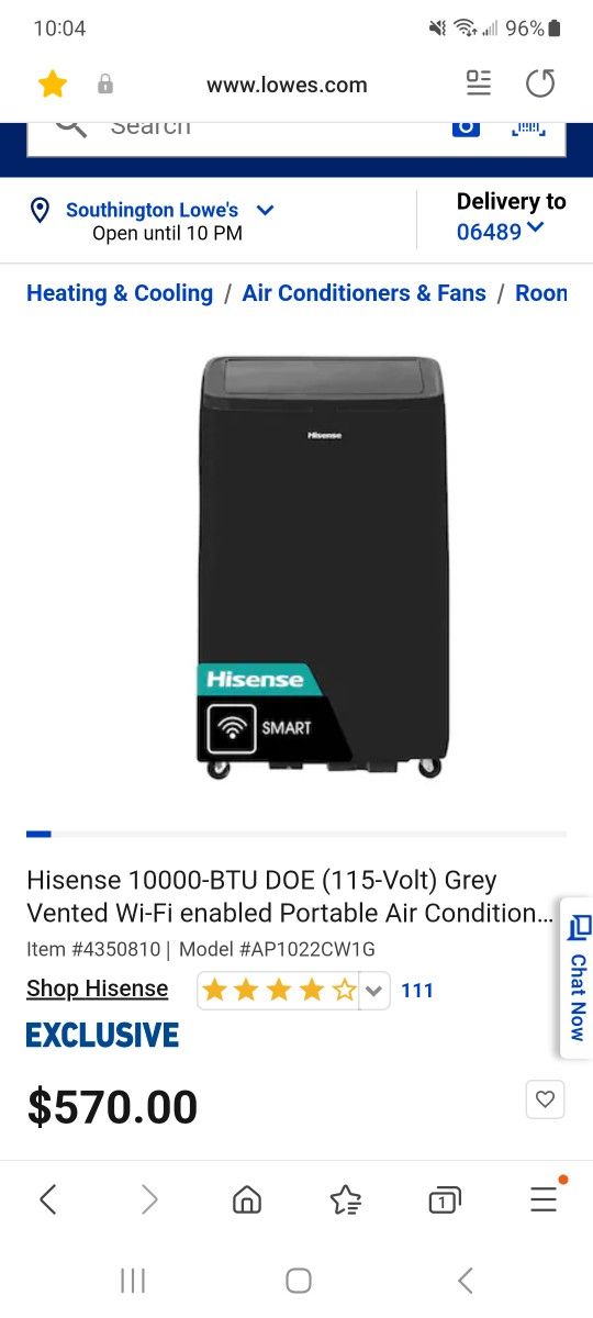 Hisense 10000-BTU DOE (115-Volt) Grey Vented Wi-Fi enabled Portable Air Conditioner

