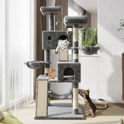 65.7" Large Cat Tree and Tower Condo for Indoor Cats with 2 Scratching Boards, Hammock & Post, Gray