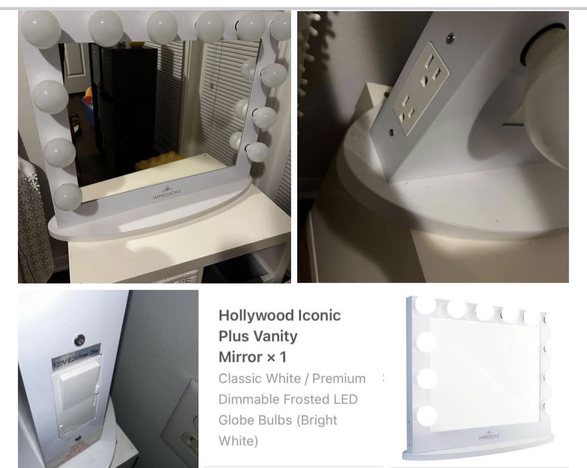 Hollywood Vanity Mirror w/ Dimmable LED Lights & Outlets β Like New!