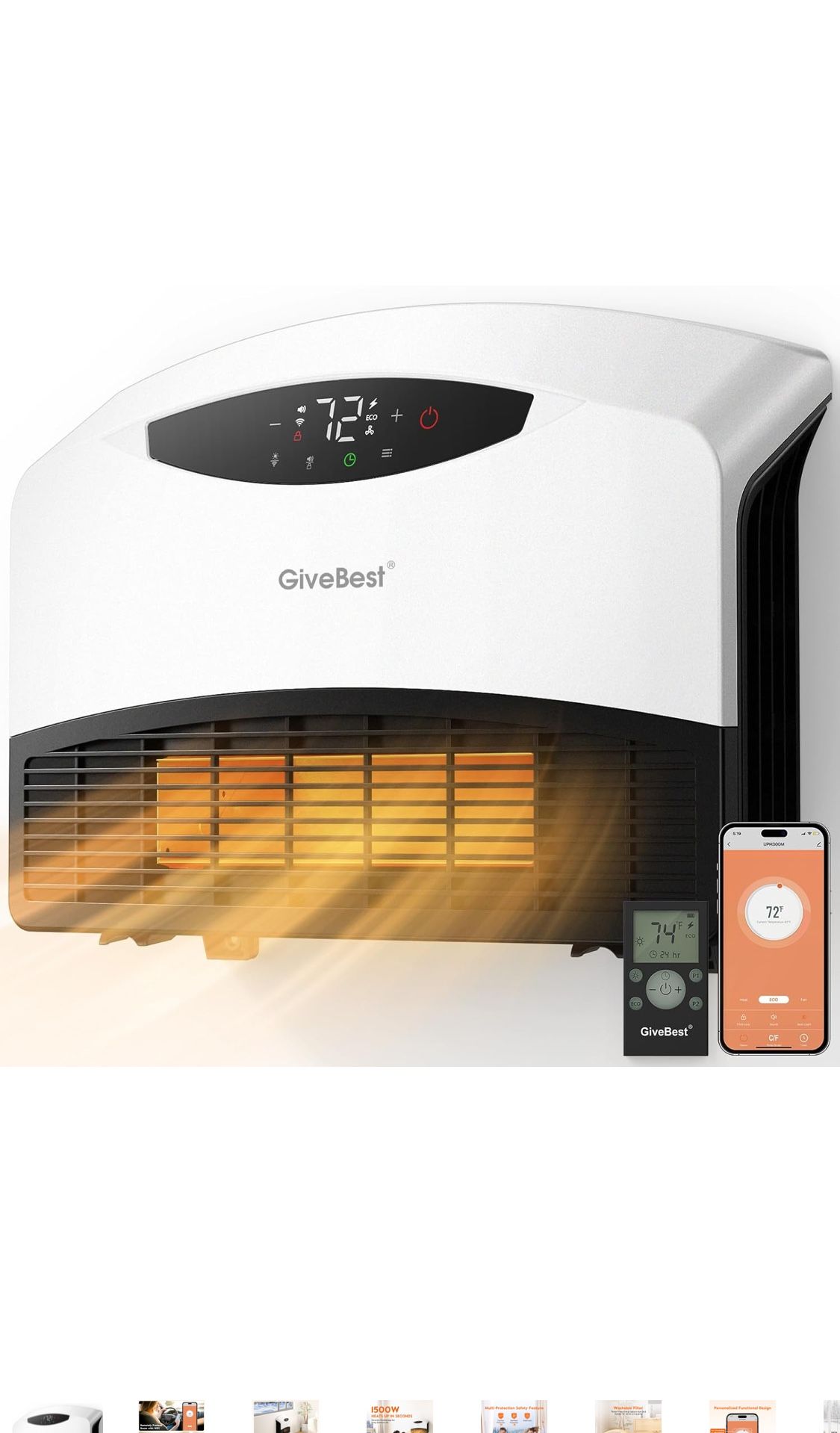 GiveBest Electric Wall Heater with WiFi and Remote Control, Floor or Wall Mounted Heater, Large Room Coverage, 3 Heating Modes, 1500W Fast Heating Spa