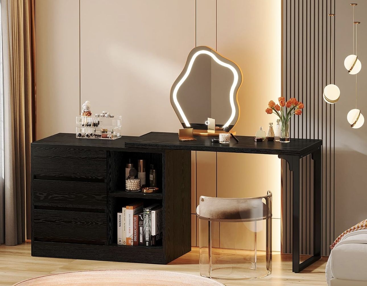 RY0115 Vanity Desk with 3 Drawers and 2 Shelves, Small Makeup Vanity Table with Reversible Storage Cabinet, Modern Corner Dressing Table for Bedroom,