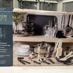 Gibson Home 74 Piece Kitchen in a Box Pots and Pans Cookware, Plates and Bowls Dinnerware, Cutlery Knife Block, Flatware Utensils, Tools & Gadgets, St