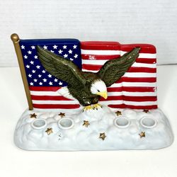 Vintage 1946 M.S.R. Imports Patriotic Eagle & American Flag Ceramic Taper Candle Holder