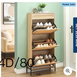 Natural Rattan 3 Flip Door with 1 Drawer Shoe Cabinet Organizer Freestanding, Shoe Rack Storage Cabinet for Entryway with 3-Tier Adjustable Shelves - 