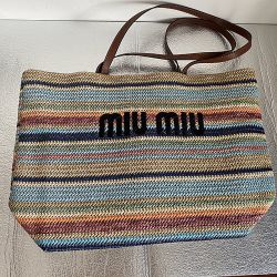 Miu Striped French Tote Bag Travel Bag Woven Bag 