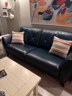 Navy Blue Leather Tufted Sofa