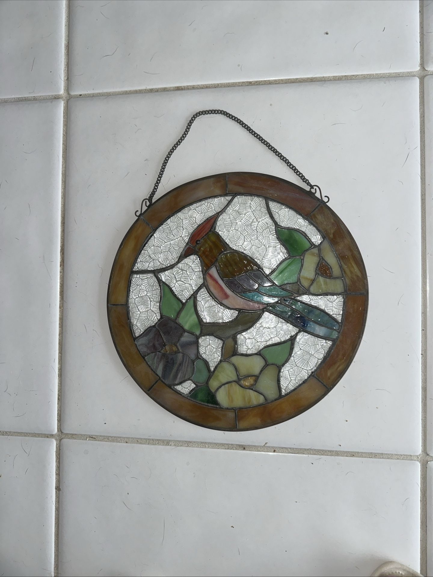 Vintage Hanging 12” Round Bird Stained Glass Sun Catcher