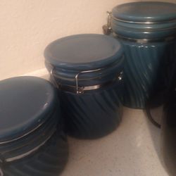 3 Winsome China Chine Canisters Silver Metal Latch Swirl Pattern Blue