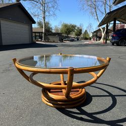 1970s Vintage Bamboo Rattan Swiveling Coffee Table 