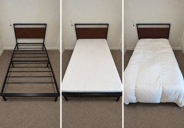 Twin Bed Bundle – Mahogany Wood + Black Metal Frame, Mattress, Duvet & NEW Fitter Sheets