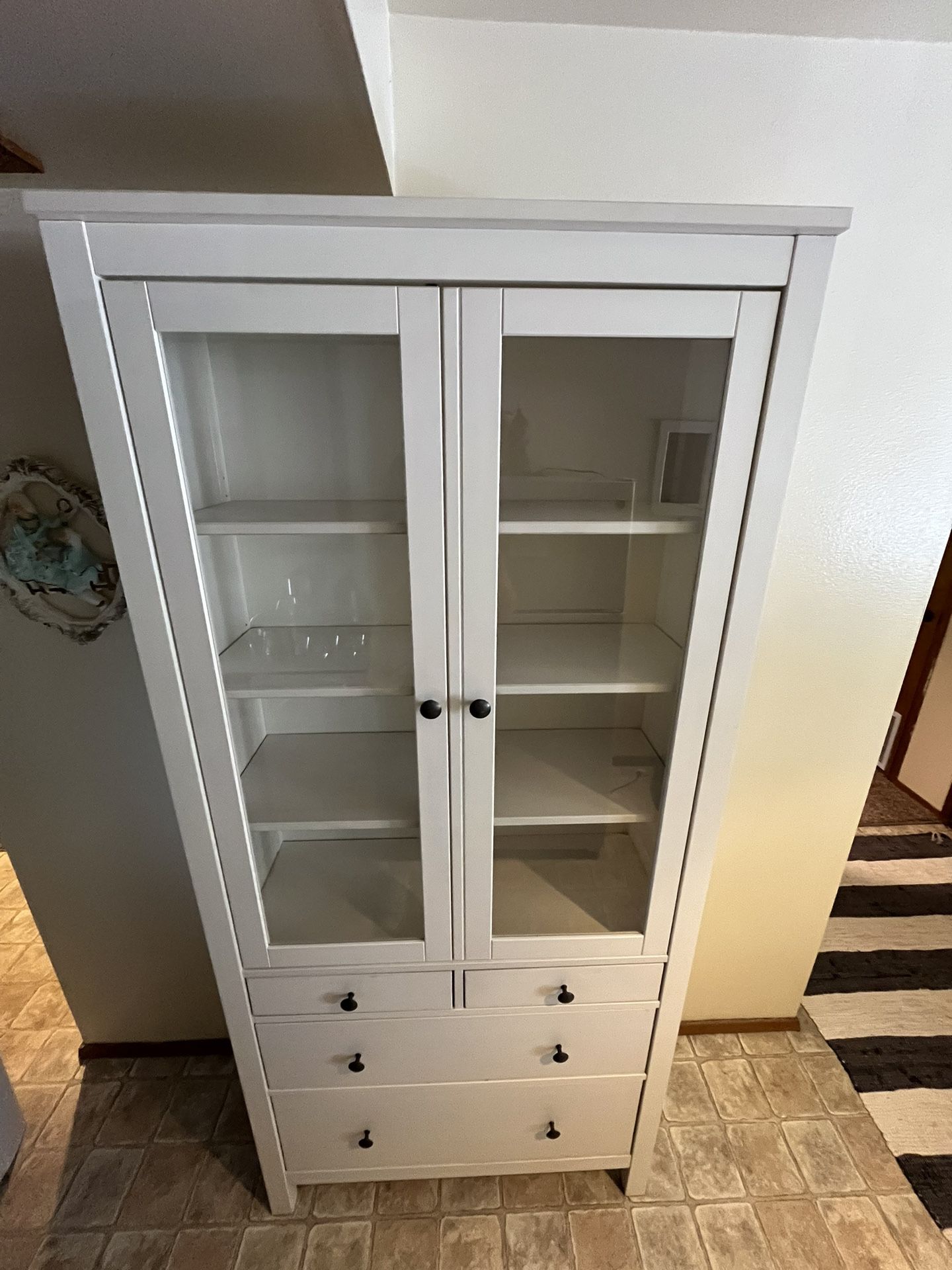 White Hutch With Glass Doors, Shelves, And Drawers 