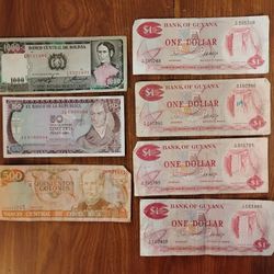 Lot Of 7 Banknotes Bills Currency Of Guyana, Costa Rica,Bolivia and Colombia
