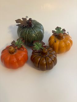 Set of 4 Ashland Decorative Ceramic Mini Pumpkins with Metal Leaf Accents