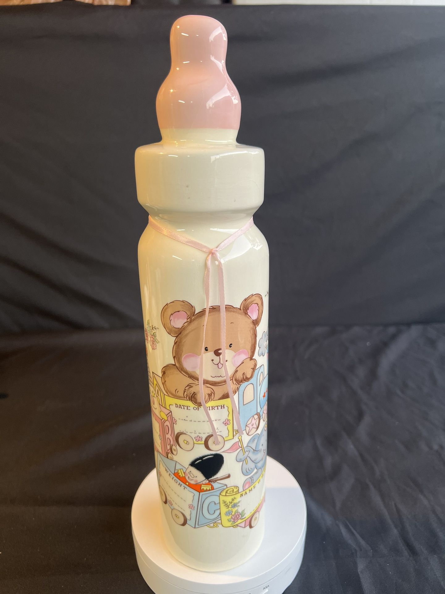 Vintage Ceramic 1986 Cambium Designs Baby Bottle Bank With Bear Train Toys