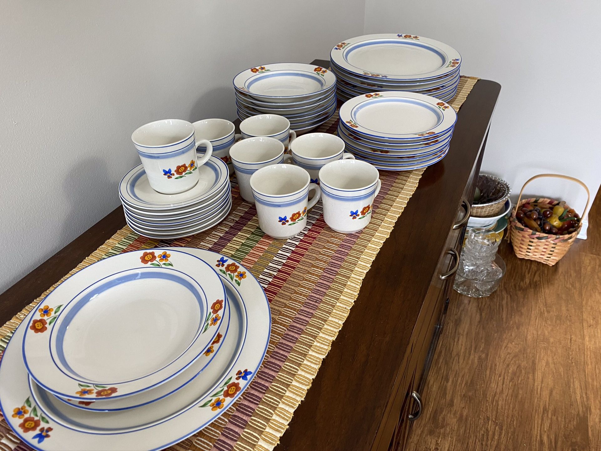 43 piece ceramic dinner set - 8 sets of large and medium plates, bowls, coffee cups, dessert plates, serving platters.