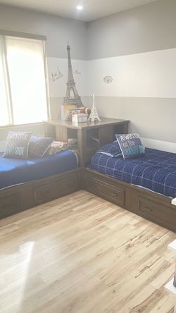 Wooden corner twin bed set with built-in storage