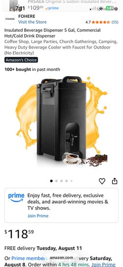 Insulated Beverage Dispenser 5 Gal, Commercial Hot/Cold Drink Dispenser Coffee Shop, Large Parties, Church Gatherings, Camping, Heavy Duty Beverage Co