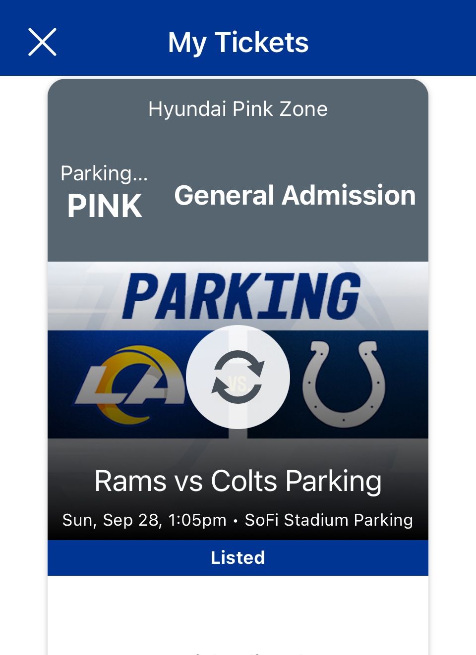 Rams Vs colts Tailgate Parking Pass