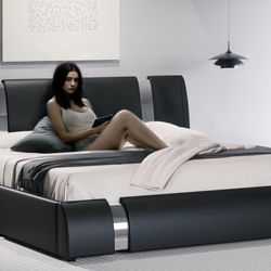 King Size  Faux Leather Bed Frame with Iron Pieces Decor, Low Profile Platform Bed with Height-Adjustable Headboard, Solid Wood Slat Support, No Box S