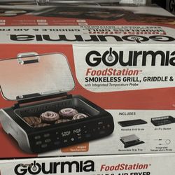 Gourmia FoodStation Smokeless Grill, Griddle, & Air Fryer with Integrated Temperature Probe