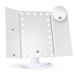 Makeup mirror with lights, 1X, 2X and 3X magnification, with 10X magnifying mirror, illuminated, touch control, triple makeup mirror, portable LED mak