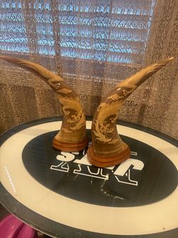vintage hand-carved Chinese/Asian dragon sculptures on natural water buffalo horns, mounted on wooden bases.