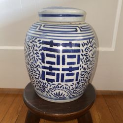 Double Happiness Blue & White Ceramic Ginger Jar