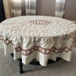 2.	Vintage Embroidered Round Tablecloth – Rust Brown Cross Stitch (Cottage/Farm)