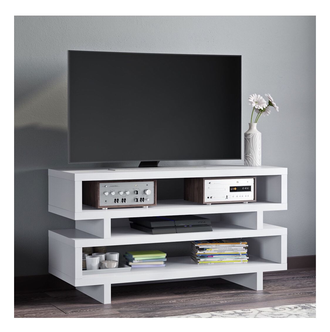 White TV Stand Book Shelf Modern Home Decor Living Room Storage Organization Open Design