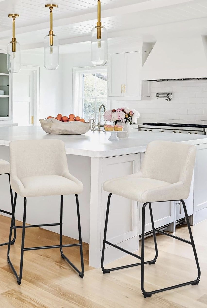 LUE BONA 26 Inch Counter Height Bar Stools Set of 2, Linen Upholstered Barstools, Barstool with Back, Comfortable Bar Chairs, Modern Counter Stools fo