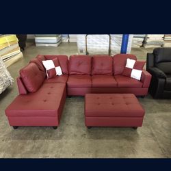 Red Leather Sectional Couch and Ottoman