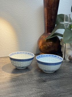 Jingdezhen Chinese Blue White Rice Grain Dragon Porcelain Bowls Set of 2