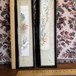 2 Vintage Narrow Asian Hand Painted Framed Panels Under Glass