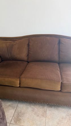 Brown Fabric Sofa with Nailhead Trim