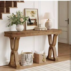 LD0094 new in box 63-Inch Solid Wood Console Table, Farmhouse Entryway Table with X-Shaped Legs, Long Sofa Table for Living Room, Hallway, or Foyer, E