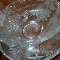 Glass Flowered Bowl And Plate Set