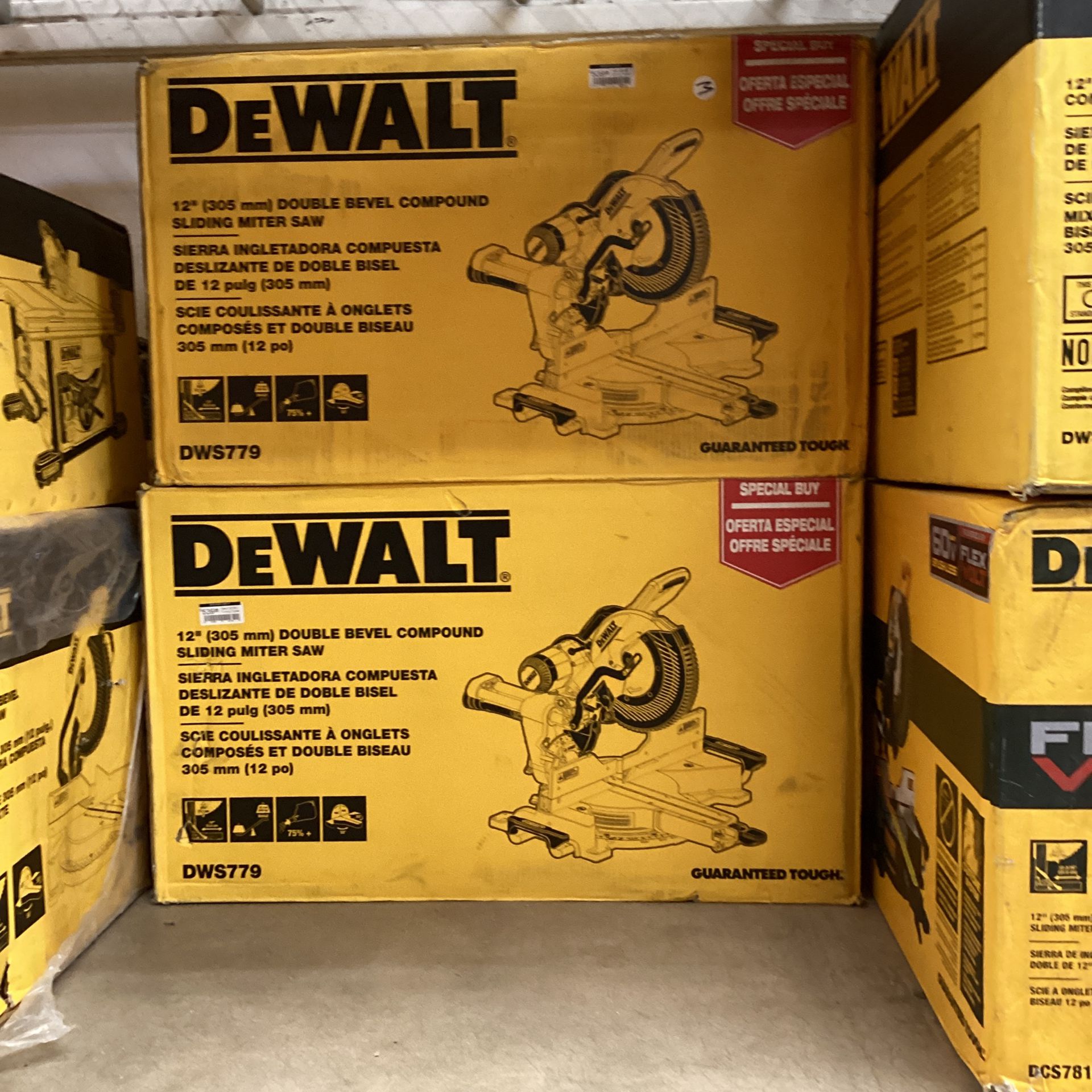 (New) DEWALT 15 Amp Corded 12 in. Double Bevel Sliding Compound Miter Saw, Blade Wrench & Material Clamp