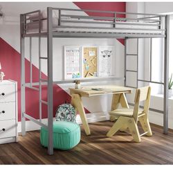 Metal Loft Bed, Twin Size, Silver
