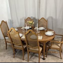 Vintage THOMASVILLE Extendable Dining Table & 6 Cane Back Chairs