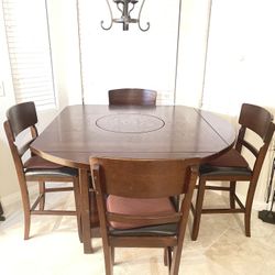 Large Round Espresso Solid Wood Drop Leaf Storage Bistro Table with 4 Padded Bar Stools and Lazy Susan 