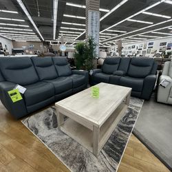 Ashley Mindanao Power Reclining Sofa & Loveseat — Steel & Off-White Options