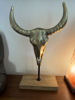 Home Decor Gold Animal Skull On Wood Stand 