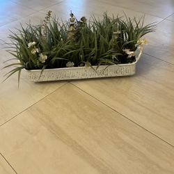 Silk flowers and three glass tube vases in white washed metal tray